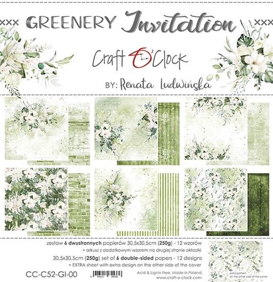 Papierowy Kufer - Craft o'clock - Zestaw papierów 30,5x30,5 cm GREENERY INVITATION