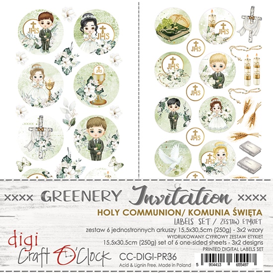 Papierowy Kufer - Craft o'clock - Zestaw etykiet GREENERY INVITATION KOMUNIA