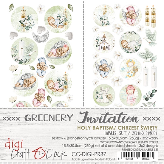 Papierowy Kufer - Craft o'clock - Zestaw etykiet GREENERY INVITATION CHRZEST