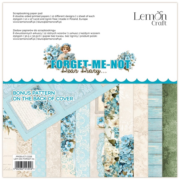 Papierowy Kufer - Lemoncraft - Zestaw papierów 30x30 cm DEAR DIARY - FORGET ME NOT